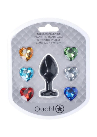 Ouch! Heart Diamond Silicone Butt Plug - Black - Medium