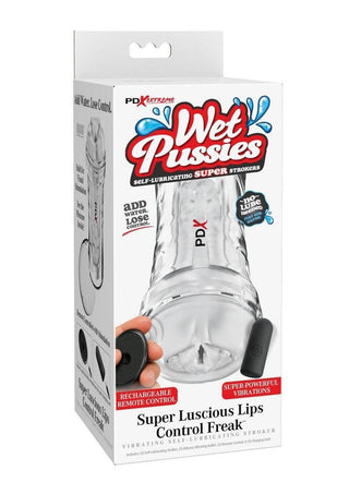 Pdx Extreme Wet Pussies Super Luscious Lips Control Freak Self Lubricating Vibrating Stroker with Remote - Pussy - Clear/Frost