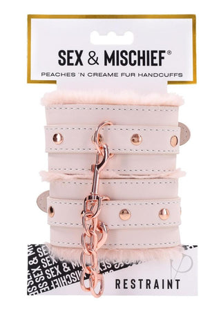 Sex and Mischief Peaches N Creame Fur Handcuffs - Ivory/Rose Gold