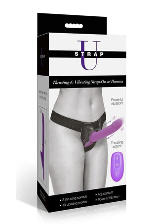 Strap U Thrusting and Vibrating Silicone Rechargeable Strap-On Harness with Remote - Black/Purple