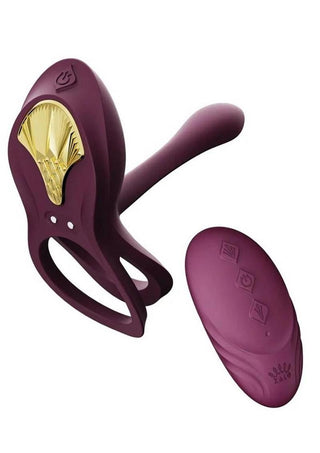 Zalo Bayek Rechargeable Silicone App Compatible Vibrating Couples Ring - Gold/Purple