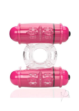 4b Double Wammy Silicone Rechargeable Dual Vibrating Couples Cock Ring - Red/Strawberry