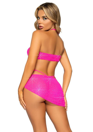 Leg Avenue Rhinestone Mesh Bra Top with Ring Accent, G-String Panty and Matching Sarong - Neon Pink/Pink - Small - 3 Pieces